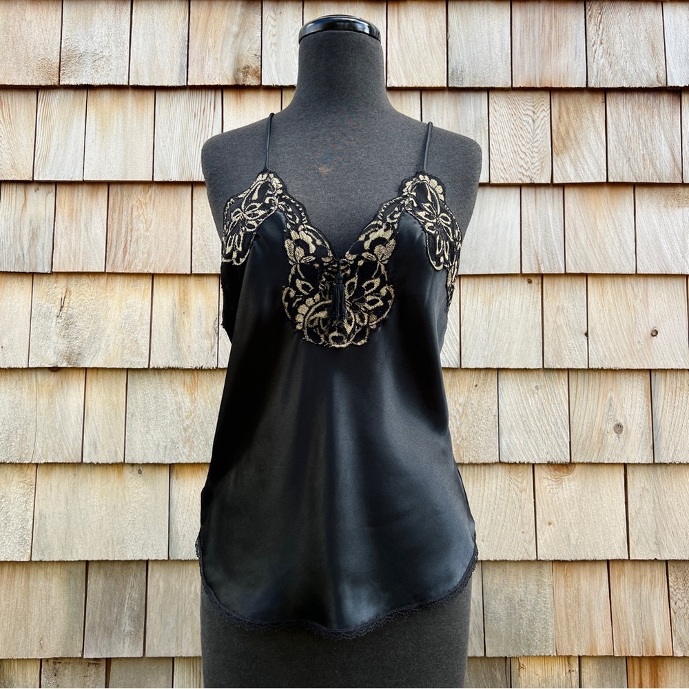 VTG 80s Lucie Ann II Black and Gold Liquid Satin and Lace Camisole, 36